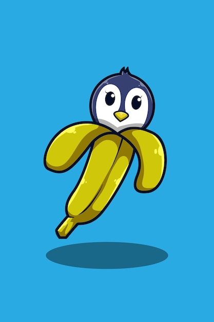 Pingüino con ilustración de dibujos animados de plátano