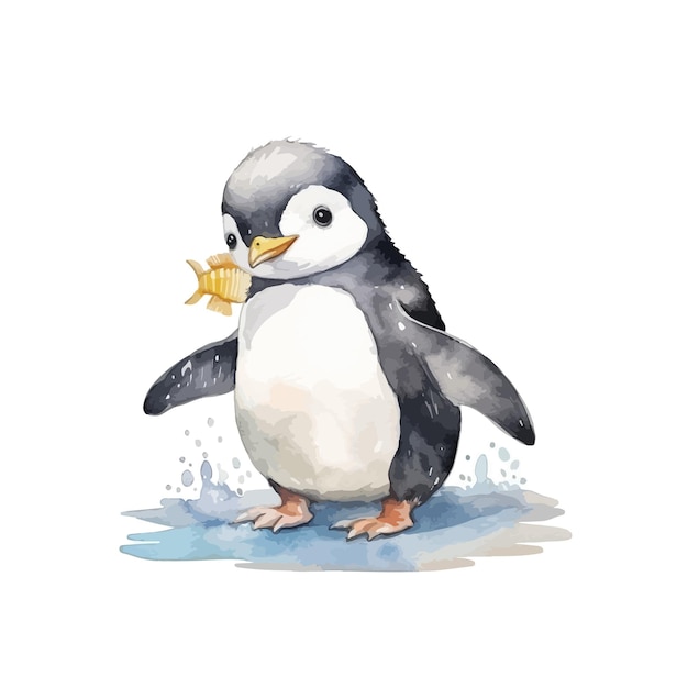 Pingüino jugando con peces Ilustración acuarela