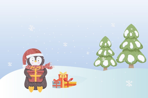 El pingüino lindo de la acuarela tiene un fondo feliz navidad de los regalos