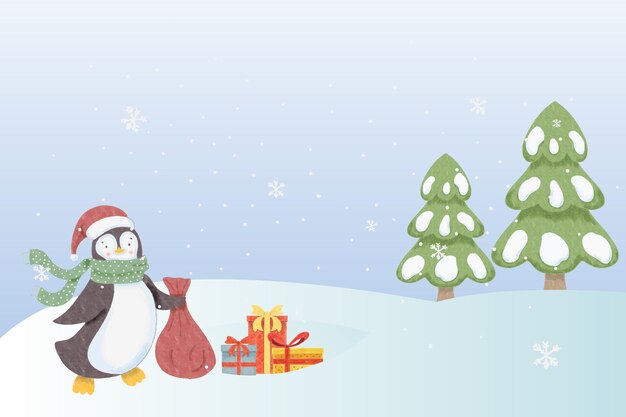 Pingüino lindo acuarela traer regalos feliz navidad fondo