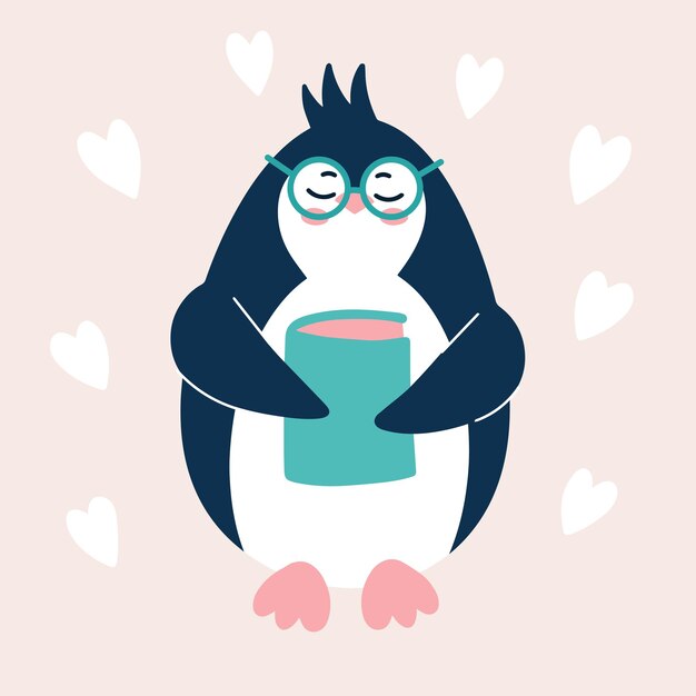 Vector pingüino lindo y alegre con gafas con un libro ilustración vectorial simple de bebé pájaro polo surpersonaje aislado en fondo blanco