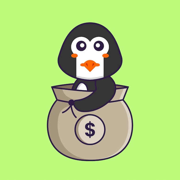 Pingüino lindo en una bolsa de dinero. Concepto de dibujos animados de animales aislado.