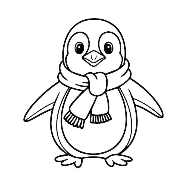 Pingüino lindo con una bufanda en dibujo en blanco y negro