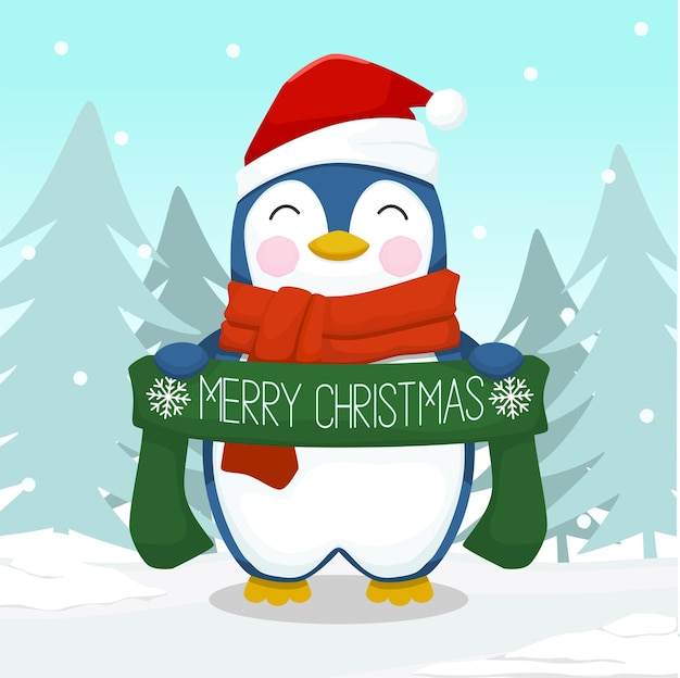 Pingüino lindo con bufanda de feliz navidad