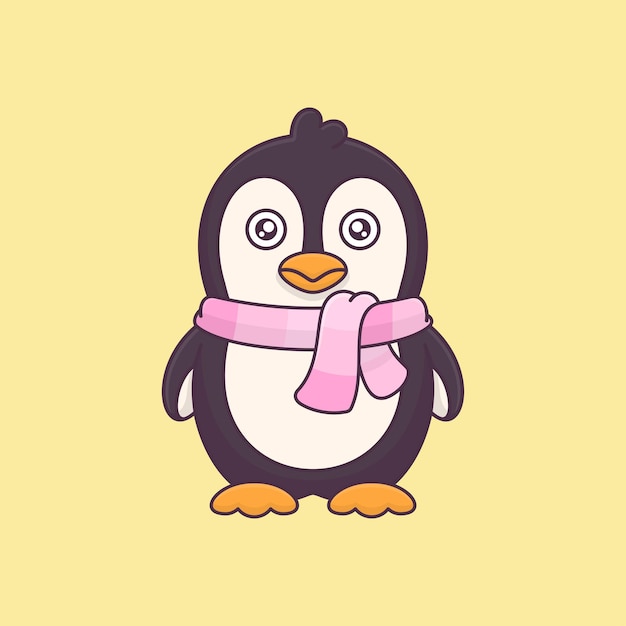 Pingüino lindo con una bufanda de pie frente al vector de ilustración de icono de animal de dibujos animados frontal