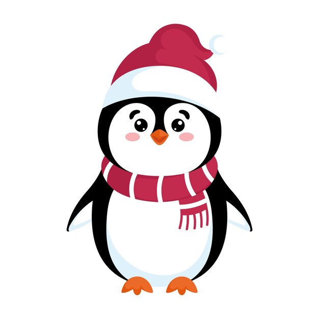 Pingüino lindo con bufanda roja y vector de sombrero