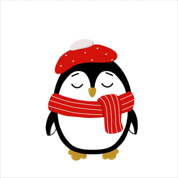 Pingüino lindo con una bufanda y un sombrero de invierno en la cabeza Ilustración de invierno Ilustración vectorial