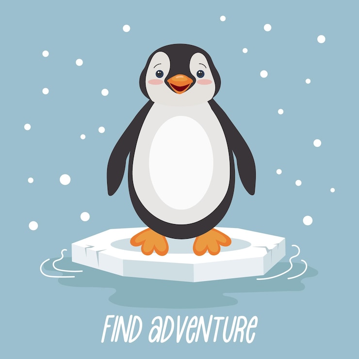 Vector pingüino lindo en una capa de hielo sobre un fondo azul con nieve diseño para imprimir tarjetas infantiles