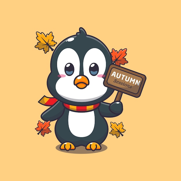 Un pingüino lindo con un cartel de otoño