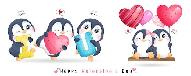 Vector pingüino lindo del doodle para la colección del día de san valentín