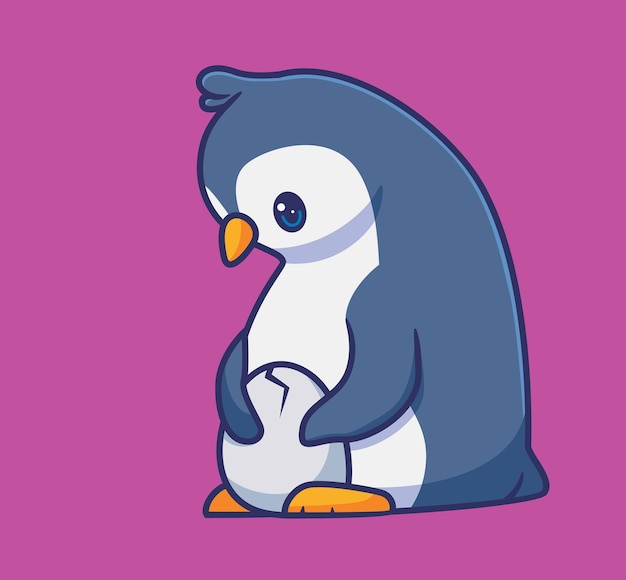 Vector pingüino lindo con huevo para incubar ilustración animal de dibujos animados aislado diseño de icono de etiqueta de estilo plano