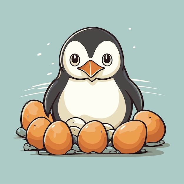 Vector pingüino lindo con huevos ilustración vectorial de pingüino de dibujos animados