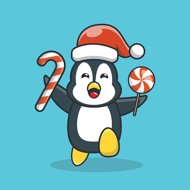 Pingüino lindo con ilustración de dibujos animados de dulces