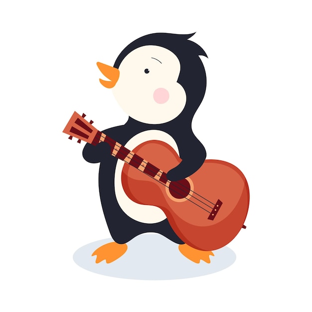 Pingüino lindo con ilustración de vector de dibujos animados de guitarra aislado sobre fondo blanco