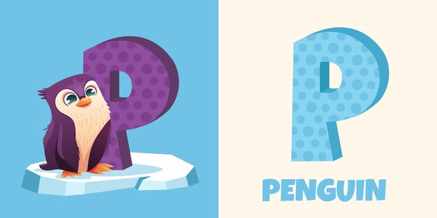 Pingüino lindo junto con la letra P Set de cartas educativas del alfabeto infantil