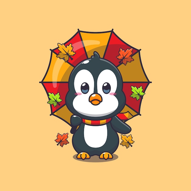 Pingüino lindo con paraguas en la temporada de otoño