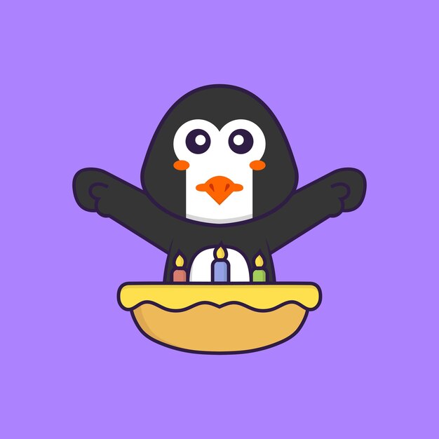 Pingüino lindo con pastel de cumpleaños. Concepto de dibujos animados de animales aislado. Estilo de dibujos animados plana