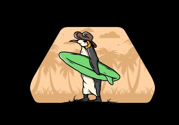 Pingüino lindo que lleva una tabla de surf en la ilustración de la playa