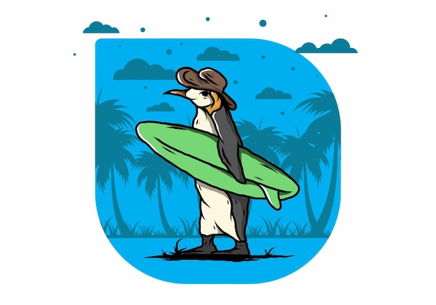 Pingüino lindo que lleva una tabla de surf en la ilustración de la playa