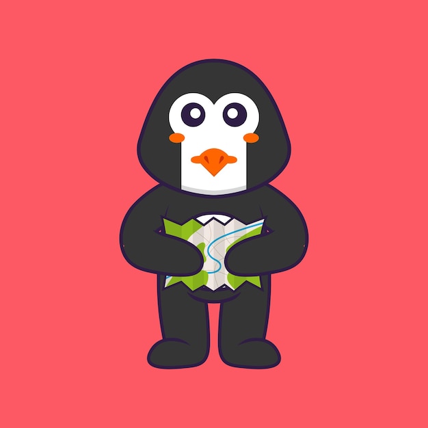 Pingüino lindo que sostiene un concepto de la historieta animal del mapa aislado estilo plano de la historieta