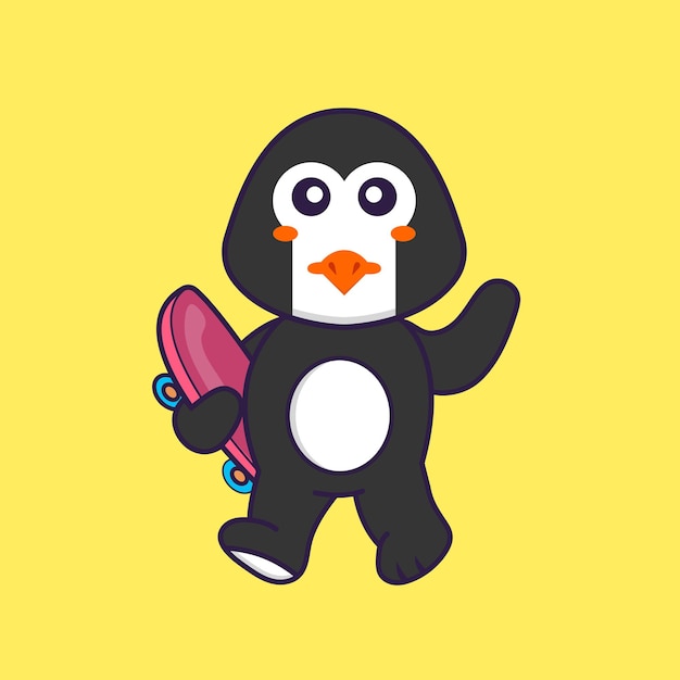 Pingüino lindo que sostiene un concepto de la historieta animal del monopatín aislado