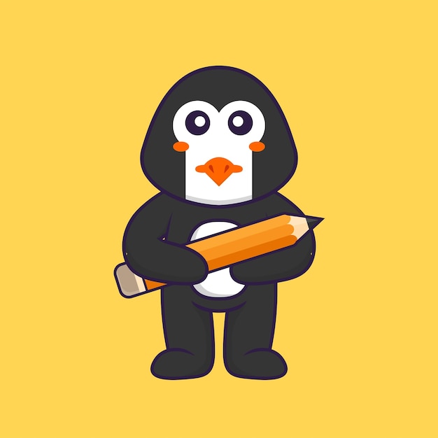 Pingüino lindo que sostiene un lápiz. Concepto de dibujos animados de animales aislado.