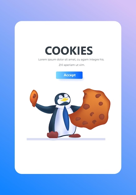 Pingüino lindo que sostiene la protección de cookies de la ventana emergente de la web de internet de información personal usamos la notificación de la política de cookies