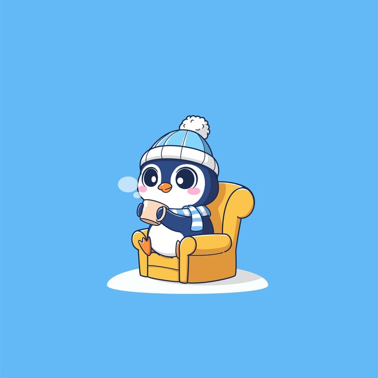 Un pingüino lindo sentado en el sofá con una taza de bebida caliente