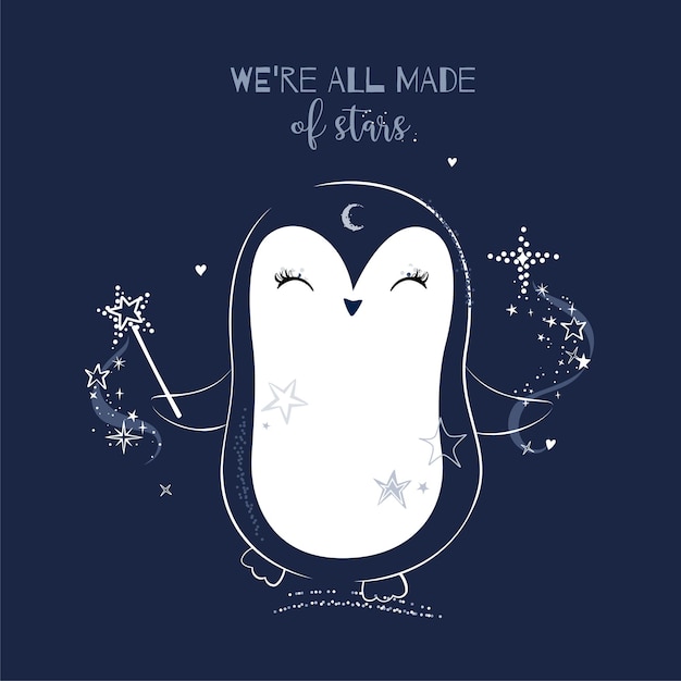 Pingüino lindo sobre fondo de cielo nocturno con estrellas y brillo. todos estamos hechos de letras de estrellas.