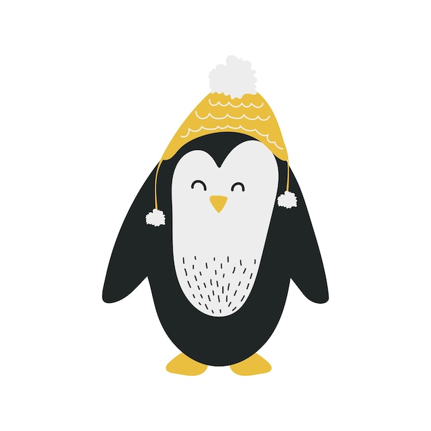 Pingüino lindo en sombrero de invierno personaje animal de dibujos animados estilo escandinavo