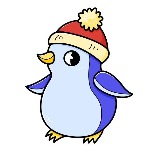 Pingüino lindo con un sombrero con un personaje de pompom en estilo de dibujos animados Vector aislado en ilustración blanca