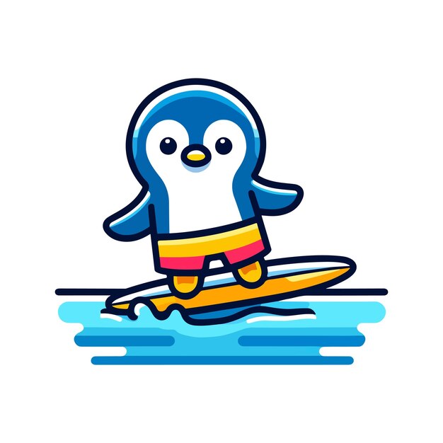 pingüino lindo surfeando en el mar icono vector de personajes