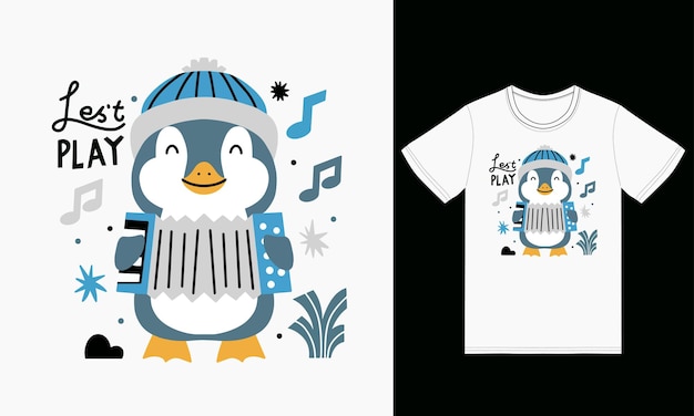Un pingüino lindo tocando el acordeón con un vector de diseño premium de camiseta