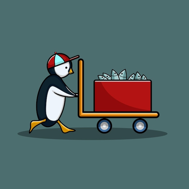 Vector un pingüino lindo trabajando empujando un carrito