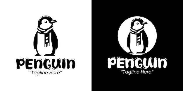 Pingüino con logotipo de pañuelo en blanco y negro para marcas de invierno y vacaciones