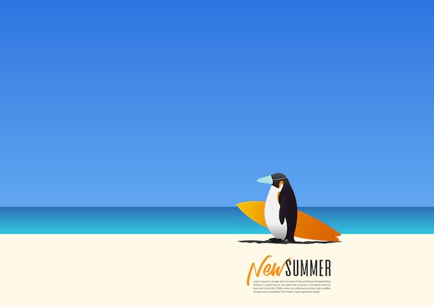 Pingüino con una máscara de seguridad y llevar una tabla de surf caminando por la playa durante las nuevas vacaciones de verano. nueva normalidad para vacaciones después de coronavirus