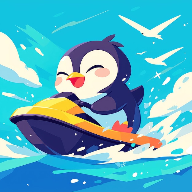 Un pingüino montando un jet ski al estilo de las caricaturas