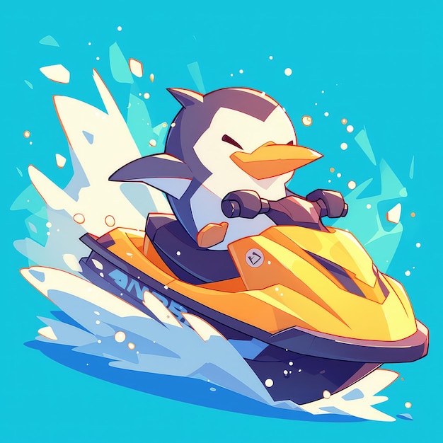 Un pingüino montando un jet ski al estilo de las caricaturas