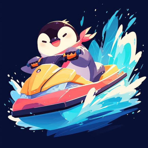 Un pingüino montando un jet ski al estilo de las caricaturas