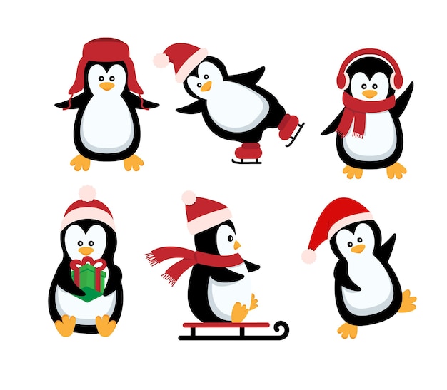 Pingüino de Navidad. Divertidos animales de nieve, lindos personajes de dibujos animados de pingüinos bebé con sombrero de invierno. Conjunto de vector aislado de pingüino animal polar en bufanda roja y sombrero ilustración. Eps 10