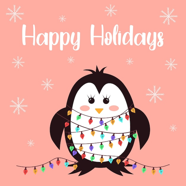 Pingüino de Navidad con guirnalda. Felices fiestas texto y snowfalkes. Tarjeta de felicitación de año nuevo.