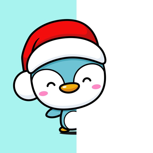 Vector el pingüino de navidad de kawaii detrás de una pared