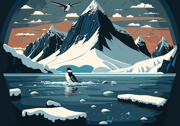 Pingüino en el océano Ártico océano norte fondo de pantalla montañas picos nevados escarcha eterna naturaleza AI generativo fin de la tierra explorar crucero ártico iceberg abstracción ilustración vectorial