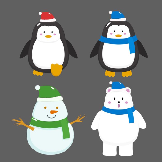 Pingüino oso polar hombre de nieve en ropa de invierno sombrero chal azul verde rojo blanco ilustración linda