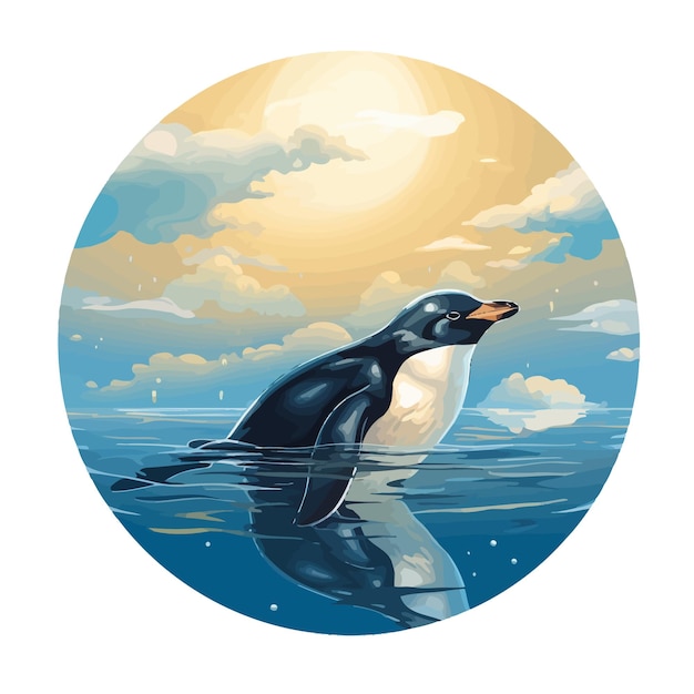 Vector un pingüino está parado en el agua y tiene un fondo azul con una nube blanca en el fondo.
