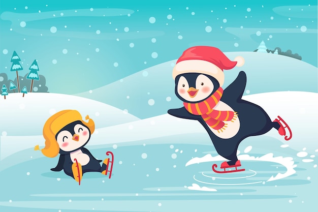 Pingüino de patinaje sobre hielo al aire libre. ilustración de concepto de deporte y ocio