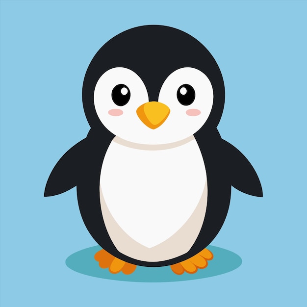 un pingüino con un pecho blanco y un pico amarillo está de pie frente a un fondo azul