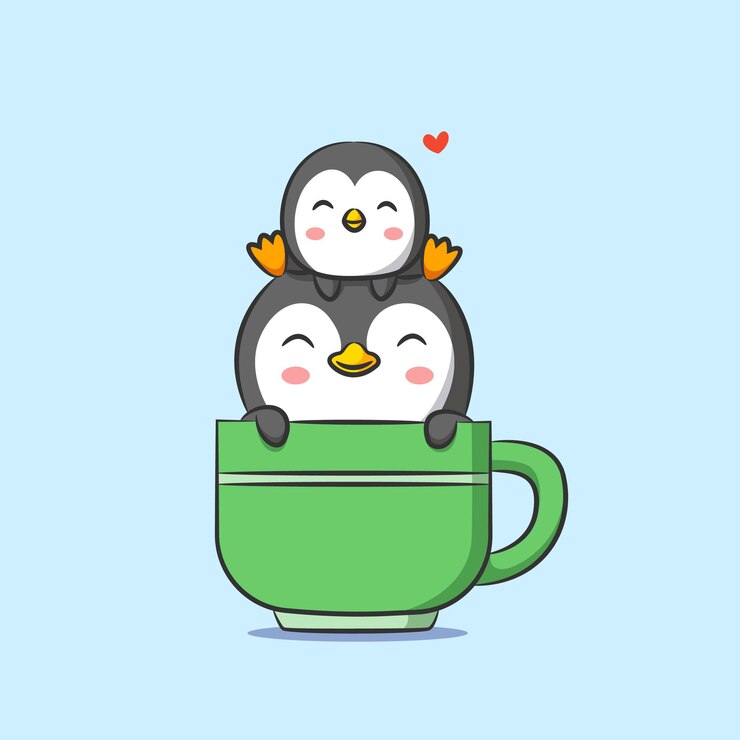 Vector pingüino pequeño y grande sentado en una taza de té con color verde