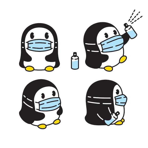 Pingüino personaje dibujos animados mascarilla covid 19