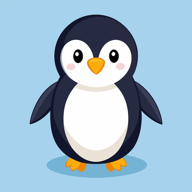 un pingüino con un pico amarillo de pie frente a un fondo azul